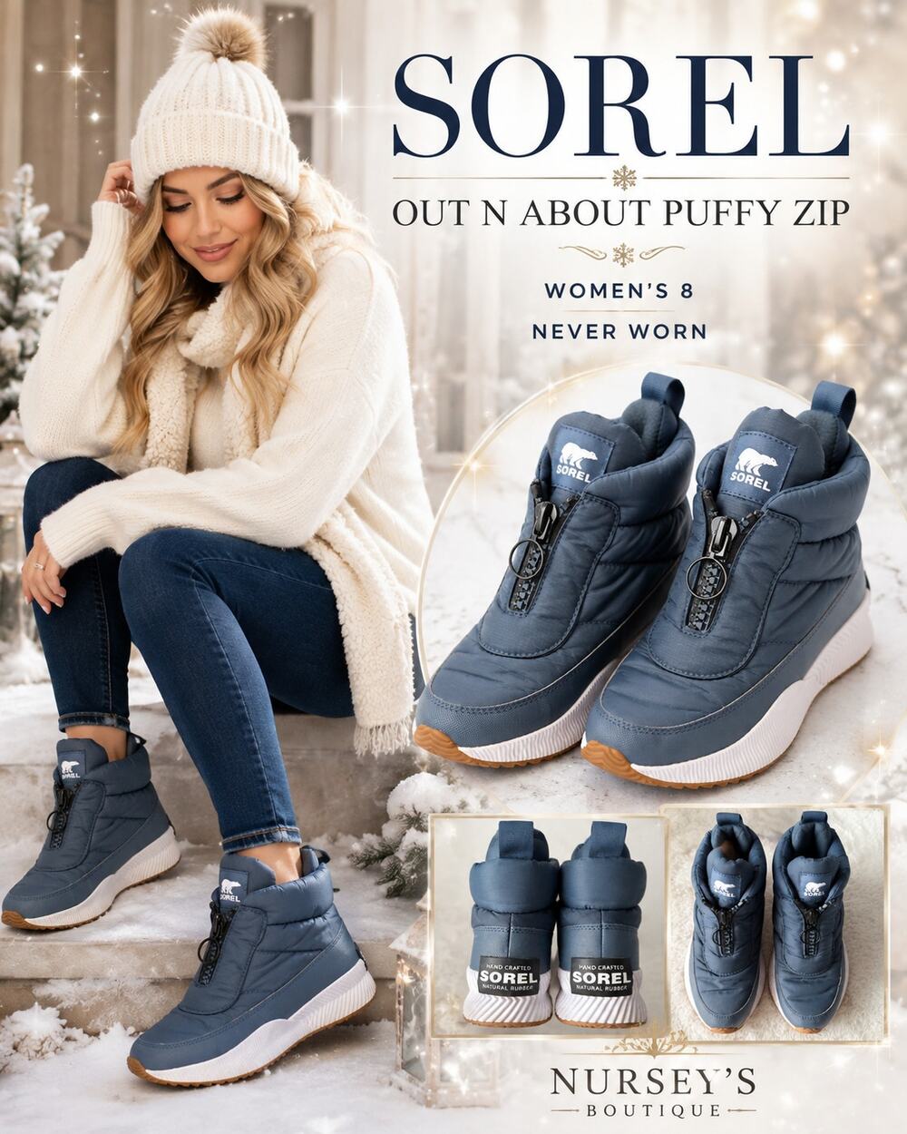 Sorel Out N About Puffy Zip Boot Blue Waterproof Insulated Women’s 8